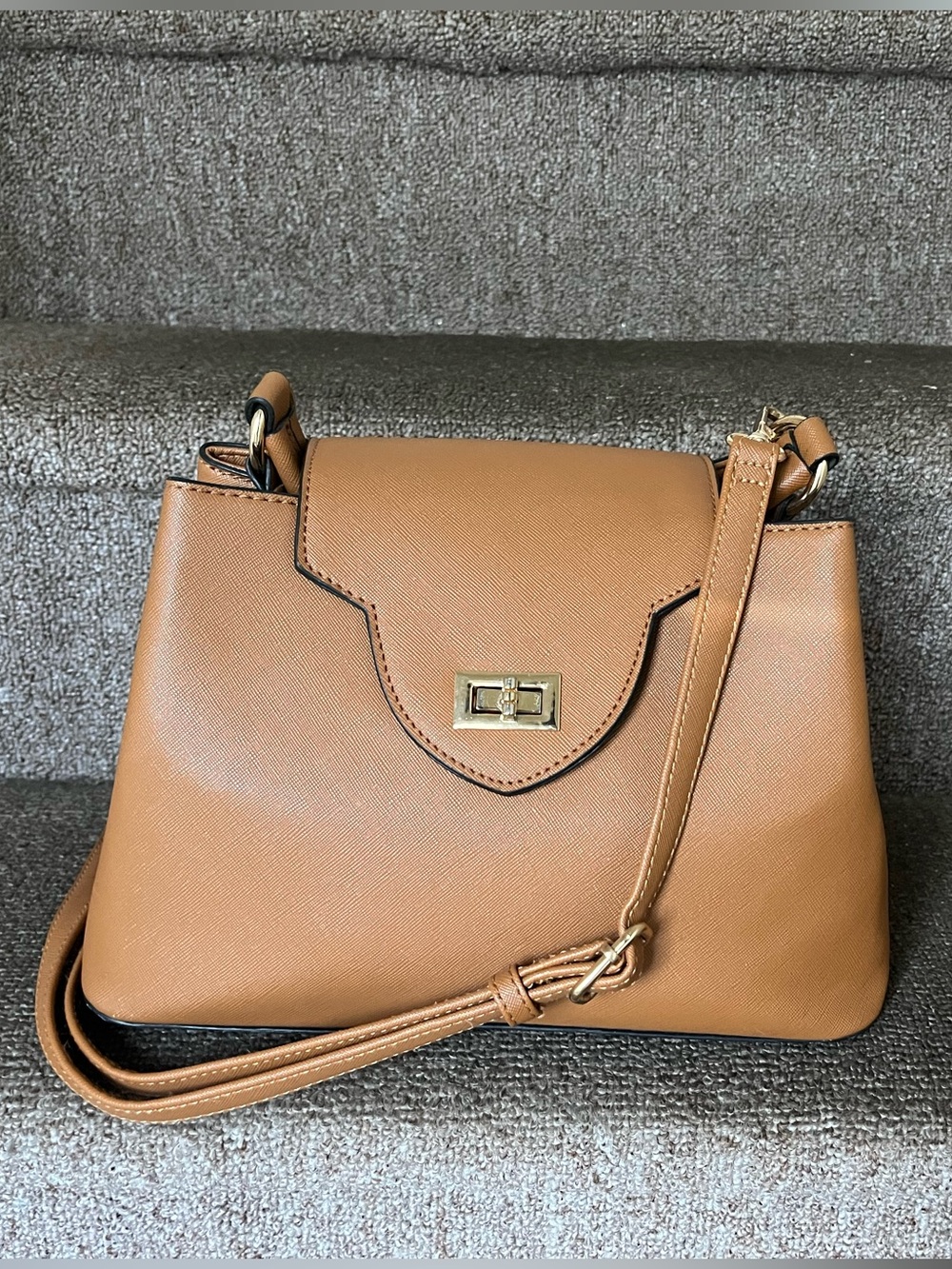 Structured Tan Crossbody Bag with Gold Turn-Lock